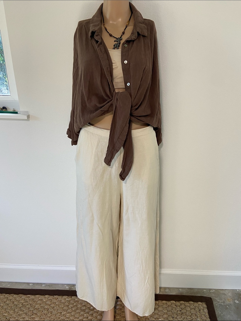 Midnight sky Wide-Leg Linen Blend Pants in Light Cream Sz M